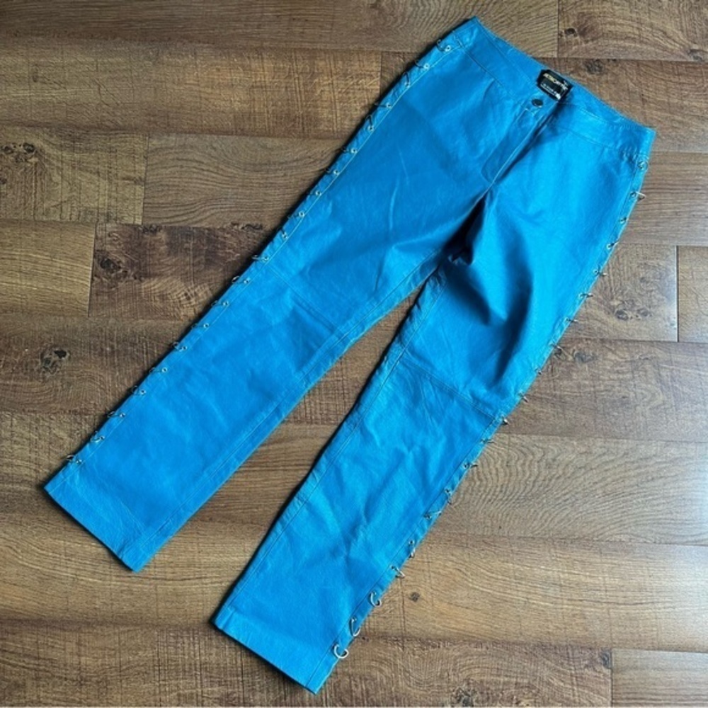 Leather Blue Pants Silver Grommets O Rings Side Details Straight Leg Size 4